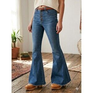 Free People High Rise Button Fly Flare Jeans Raw Hem Size 25 Blue